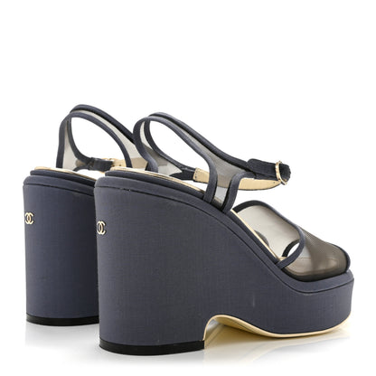 Chanel Mesh Grosgrain Wedge Sandals 37 Blue 5 of 11