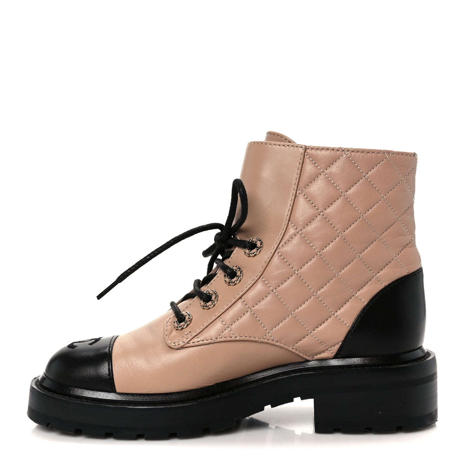 Chanel Shiny Lambskin Quilted Lace Up Combat Boots 36 Beige Black 1 of 12