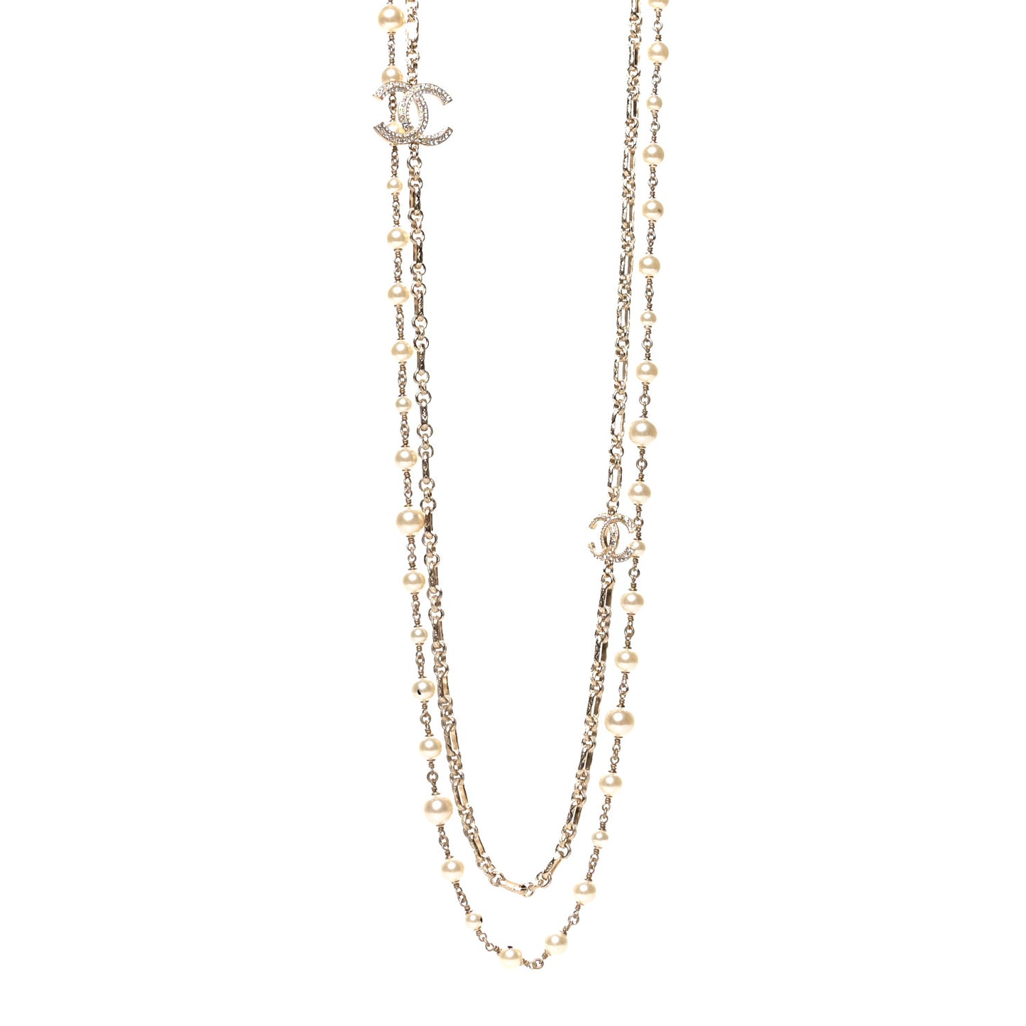 Crystal Pearl CC Long Necklace Silver