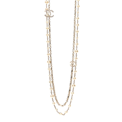 Chanel Crystal Pearl CC Long Necklace Silver 1 of 5