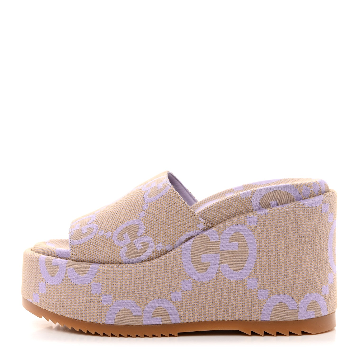 Gucci Monogram Jumbo GG Platform Slide Wedge Sandals 37.5 Beige Lapis 1 of 8