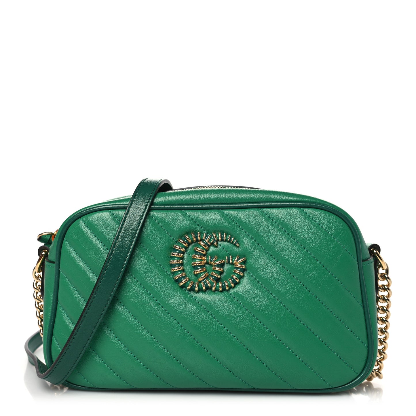 Azalea Calfskin Enamel Matelasse Diagonal Small Torchon GG Marmont Chain Shoulder Bag New Shamarock Emerald