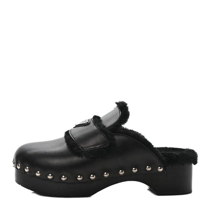 Prada Natural Calfskin Shearling Metal Triangle Logo 45mm Clogs 38 Black 1 of 7