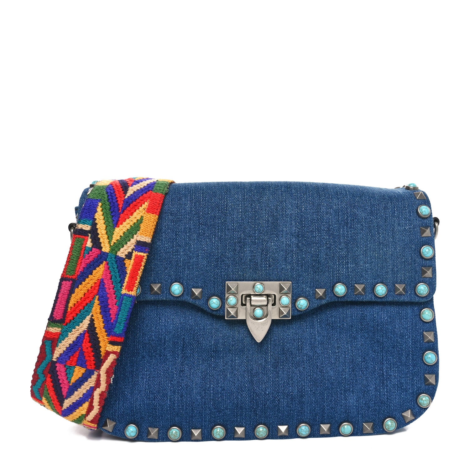 Valentino Garavani Denim Medium Guitar Strap Rockstud Rolling Flap Saddle Bag 1 of 11