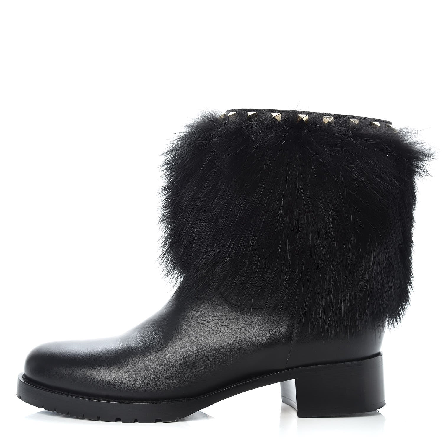 Valentino Garavani Calfskin Fox Fur Rockstud Winter Boots 40.5 Black 1 of 14
