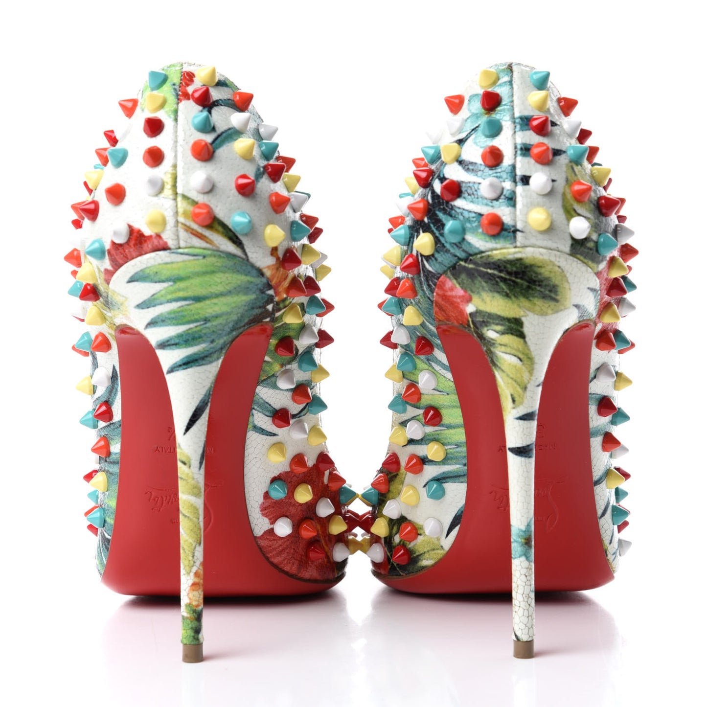 Crackled Calfskin Hawaiian Print Follies Spikes 120 Pumps 38.5 White Multi
