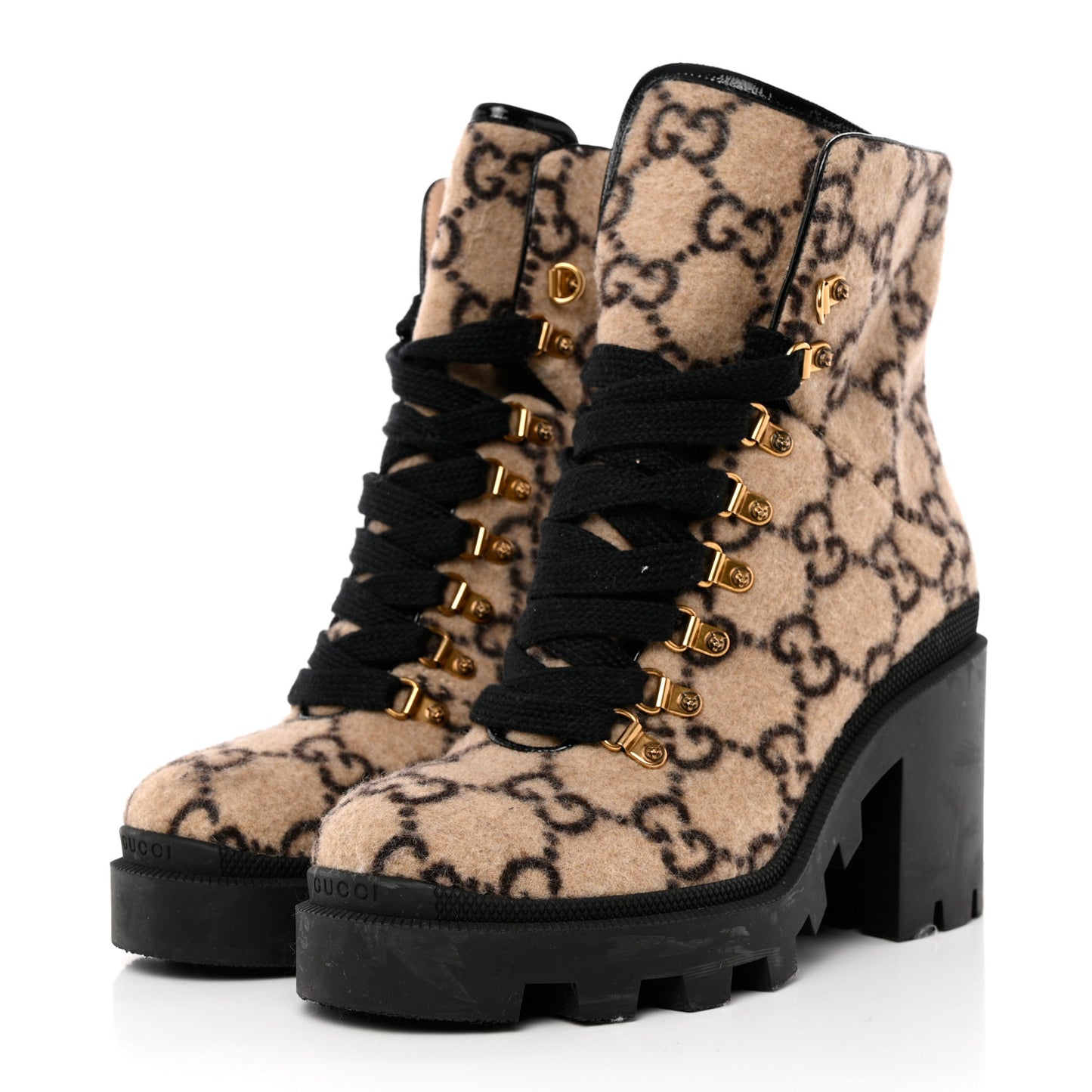 Covered Wool GG Monogram Womens Lace Up Combat Ankle Boots 40 Beige Ebony Black