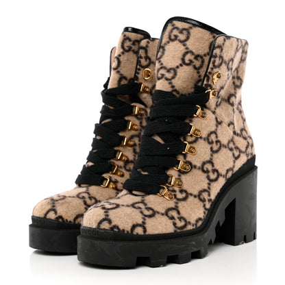 Gucci Covered Wool GG Monogram Womens Lace Up Combat Ankle Boots 40 Beige Ebony Black 3 of 27
