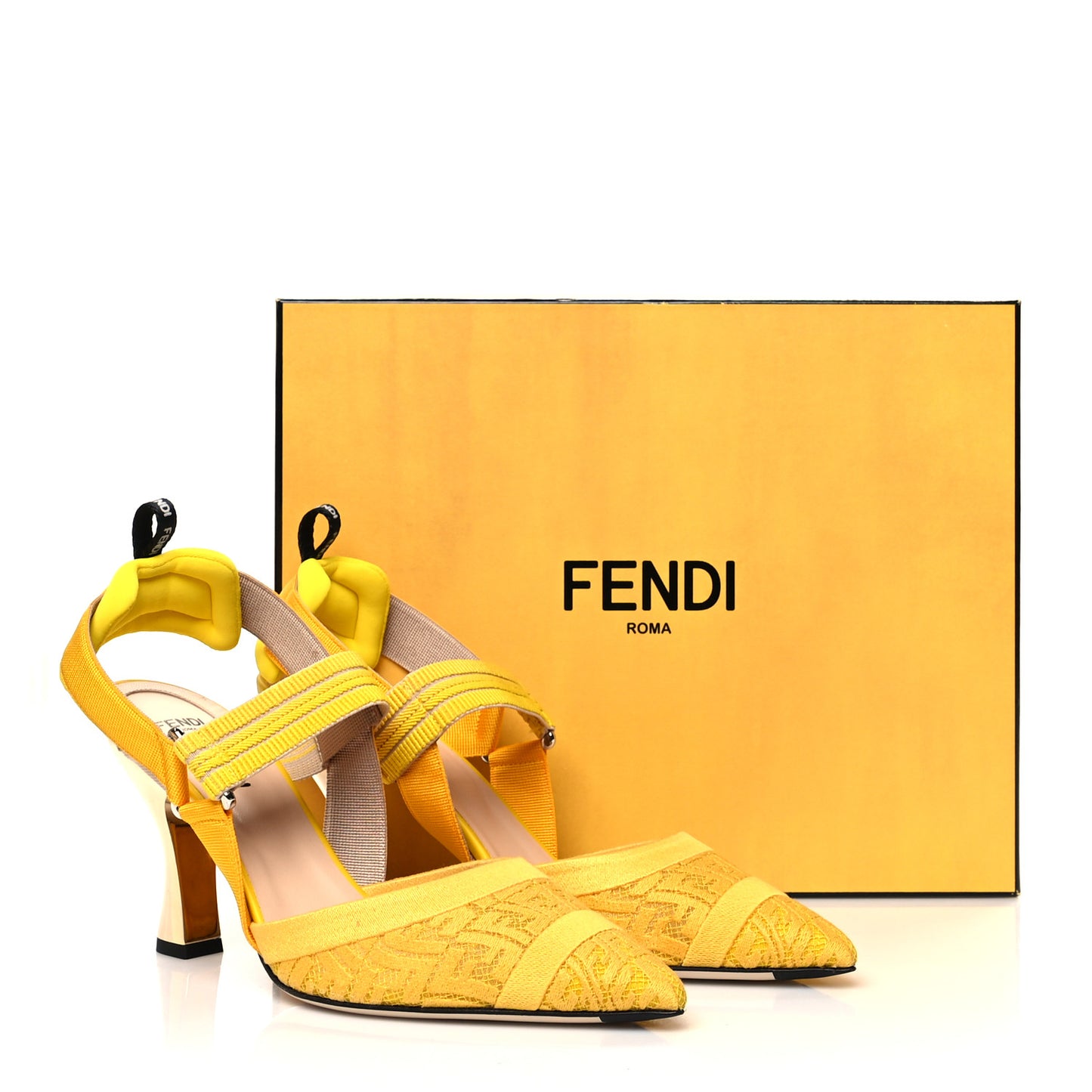 X SARAH COLEMAN Mesh FF Vertigo Embroidered Slingback Mid-Heel Pumps 39.5 Giallo Limone
