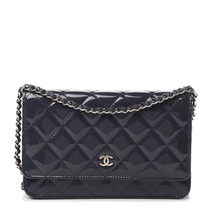 Chanel Patent Quilted Wallet On Chain WOC Navy Blue 1 of 12