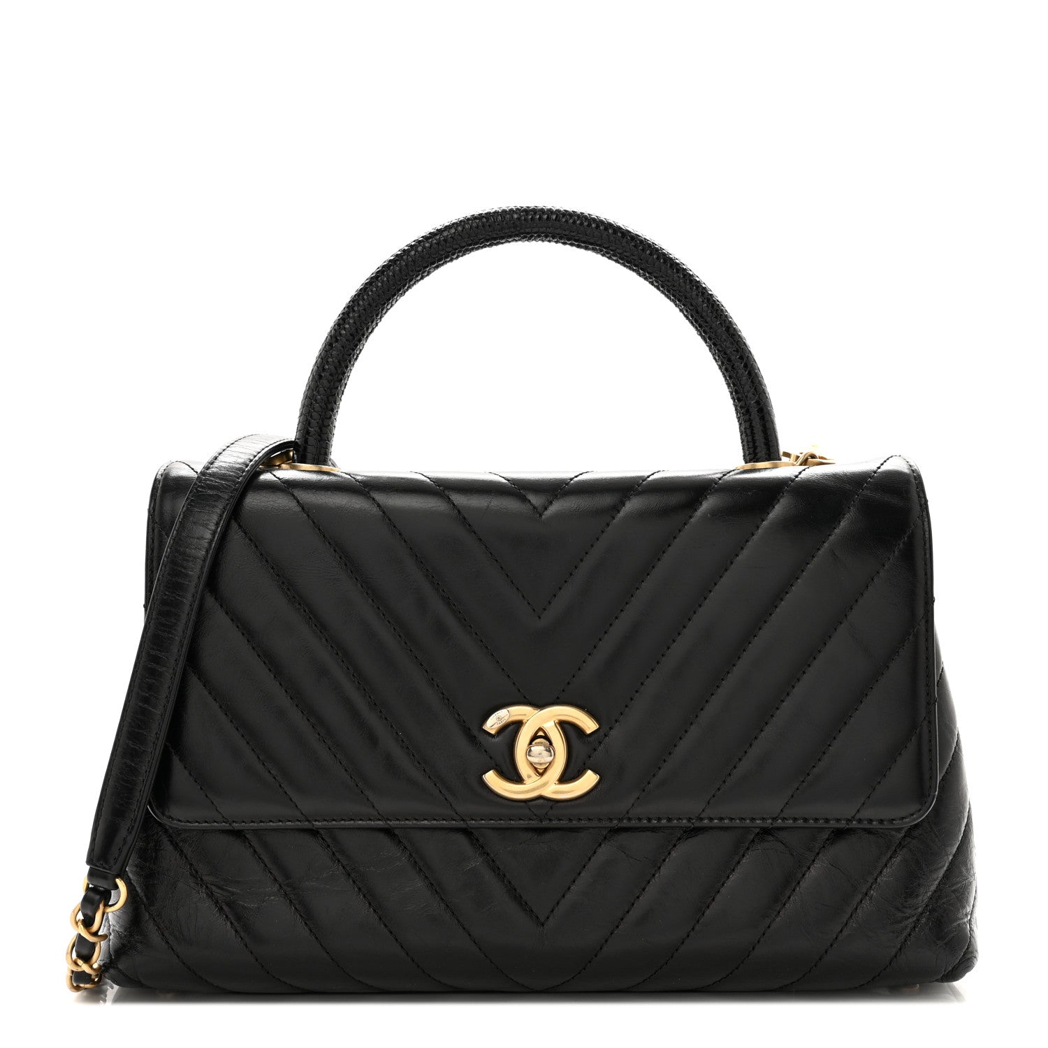 Chanel Calfskin Lizard Chevron Quilted Small Coco Handle Flap Black 1 of 13