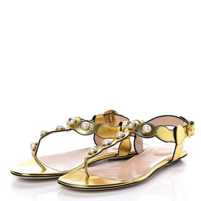 Gucci Metallic Nappa Willow Pearl Thong Sandals 39.5 Gold 3 of 9