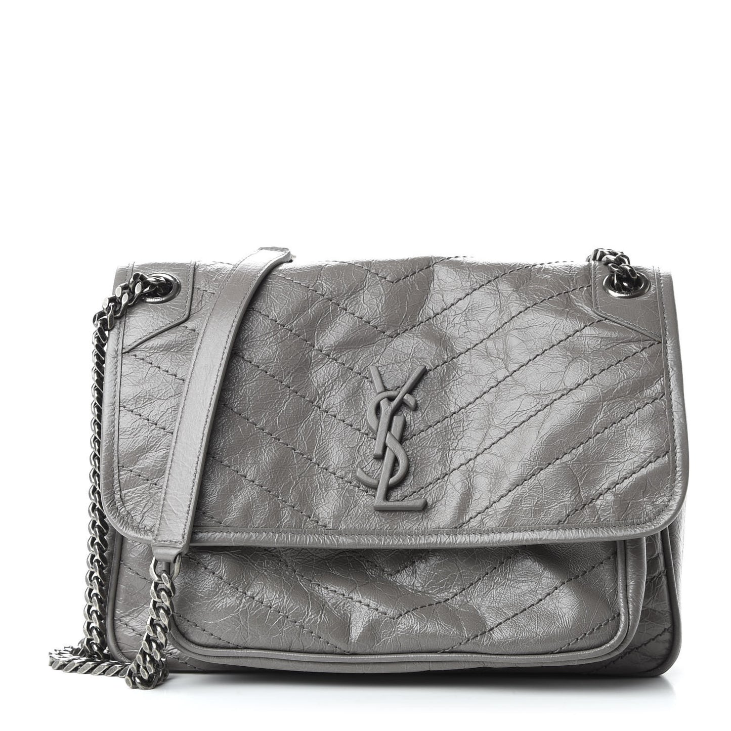 Crinkled Calfskin Matelasse Monogram Medium Niki Chain Satchel Fog