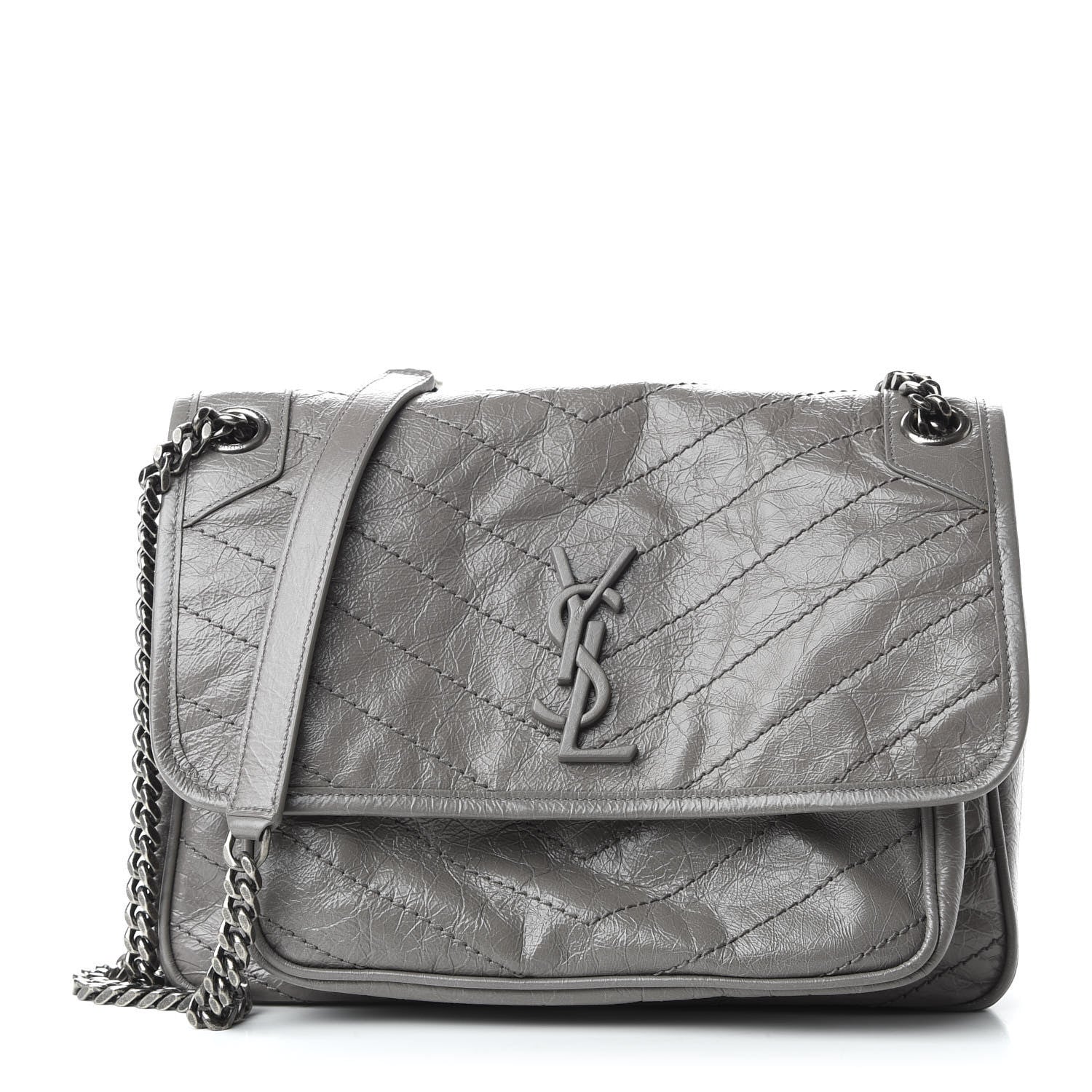 Saint Laurent Crinkled Calfskin Matelasse Monogram Medium Niki Chain Satchel Fog 1 of 9