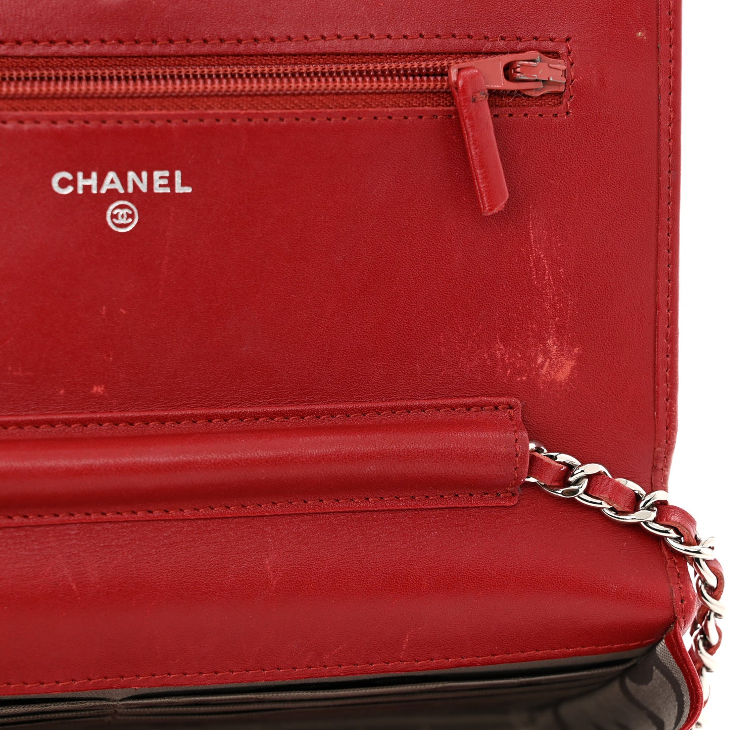 Calfskin Quilted Cambon Wallet On Chain WOC Red