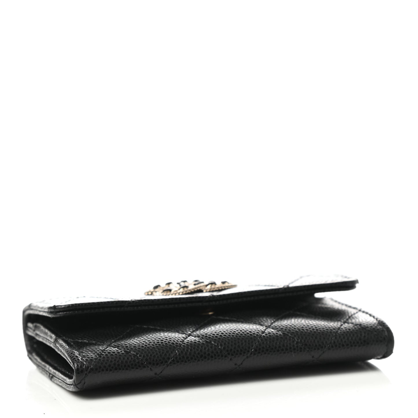 Caviar Quilted Crystal CC Flap Card Holder Black