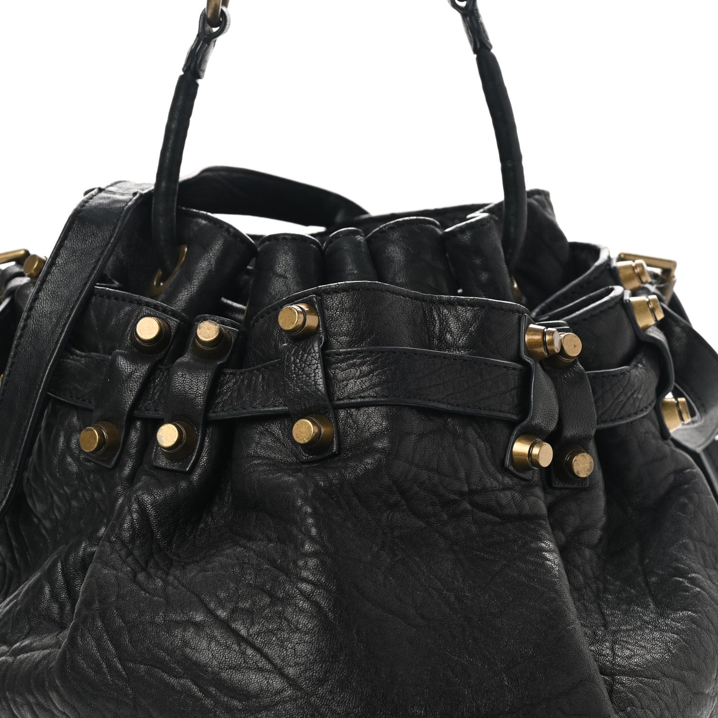 Pebbled Lambskin Diego Bucket Bag Black Antique Brass Hardware