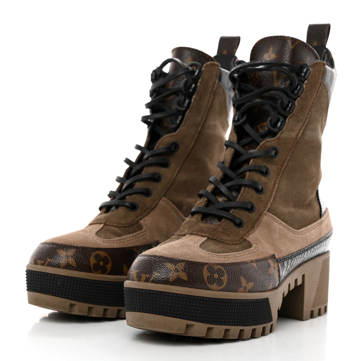 Suede Calfskin Crocodile Embossed Patent Monogram Laureate Platform Desert Boots 37 Taupe