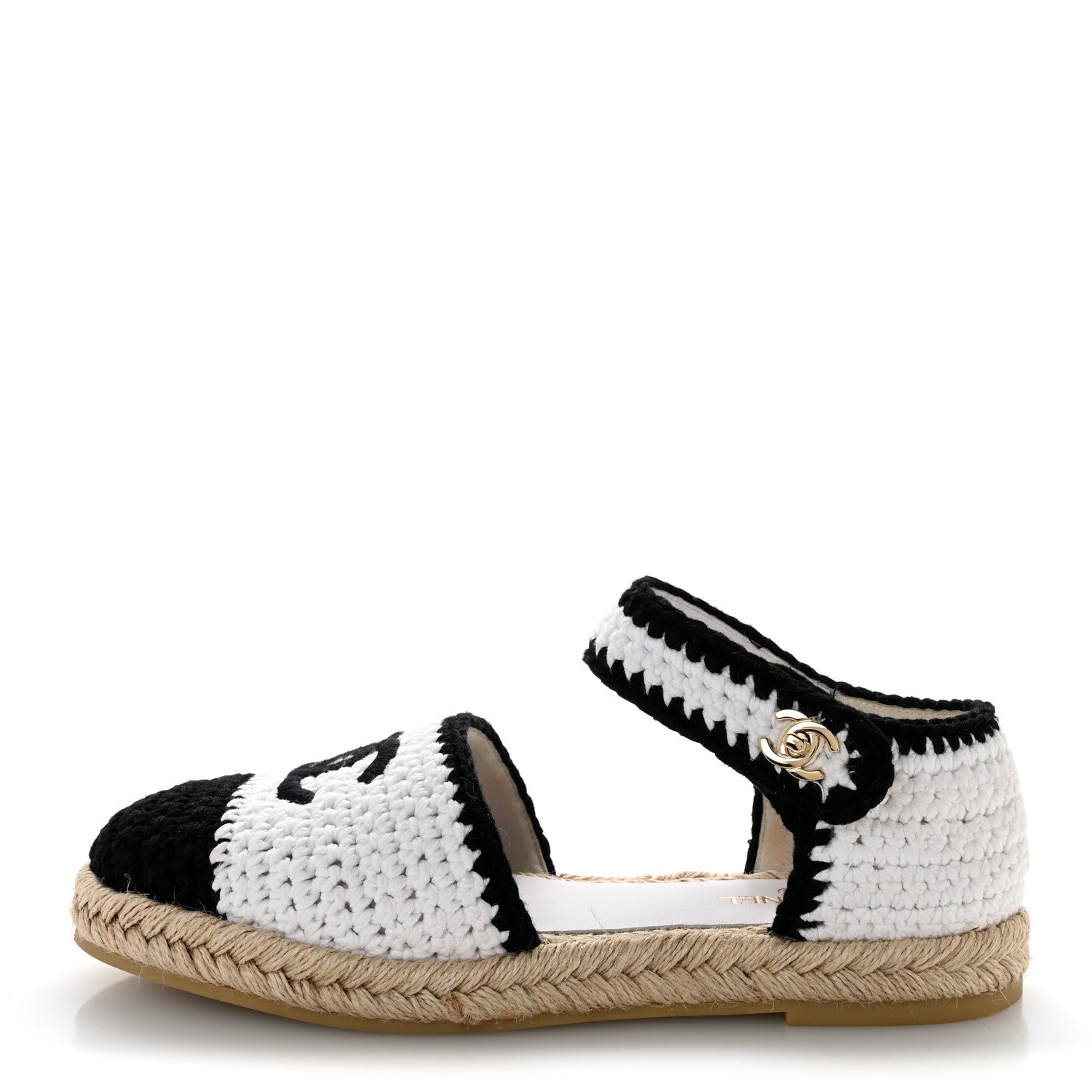 Chanel Braided Knit Cap Toe CC Ankle Strap Espadrilles 39 White Black 1 of 12