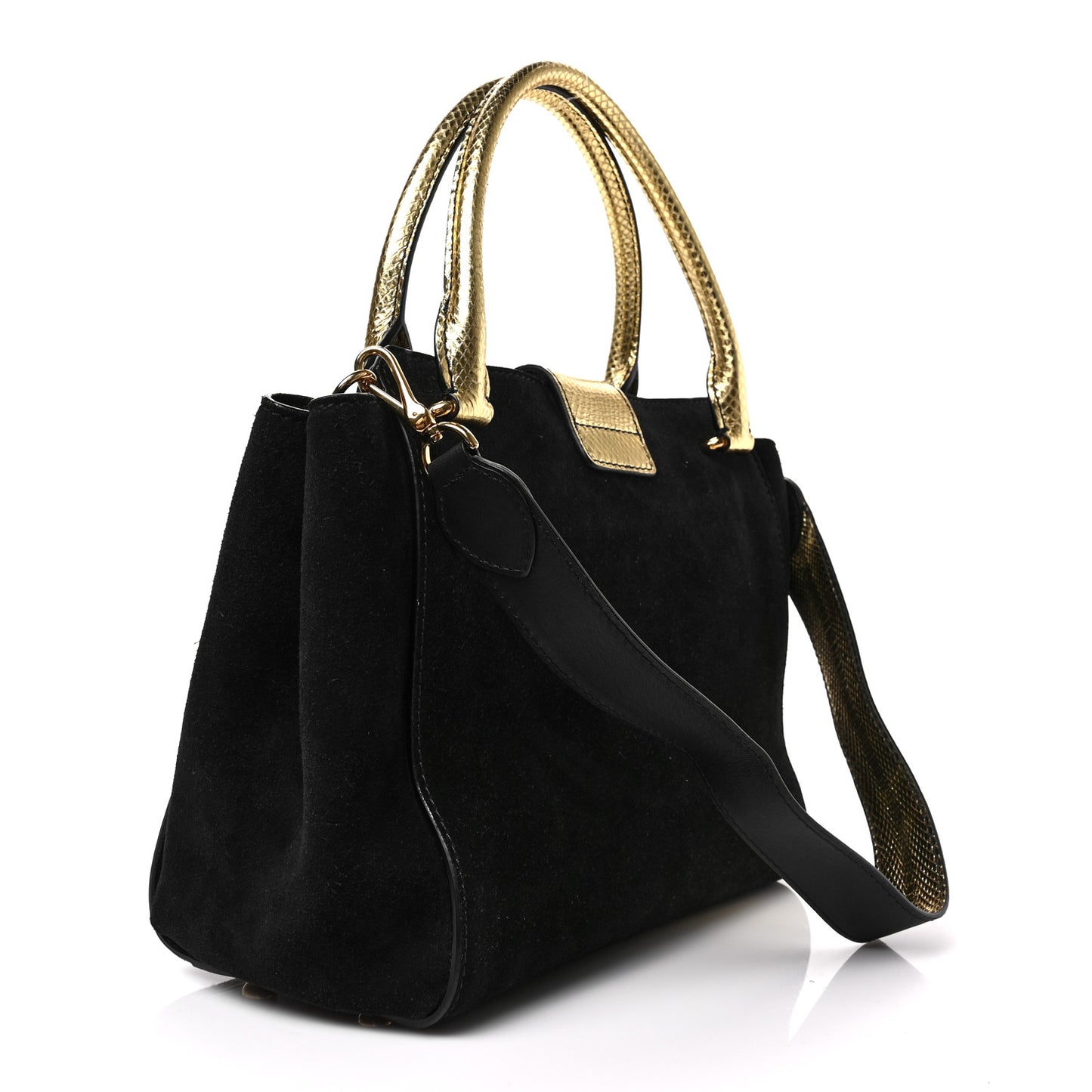 Suede Calfskin Watersnake Medium Buckle Tote Black Gold