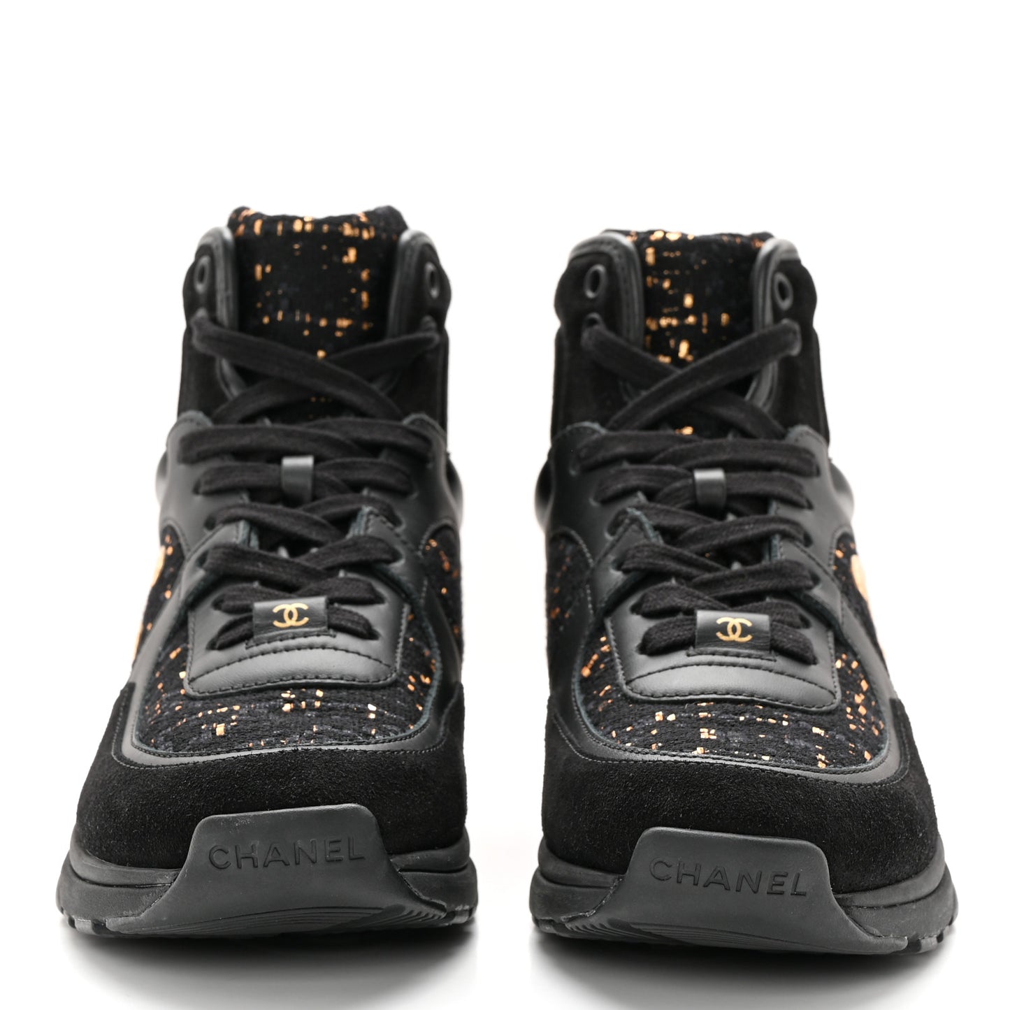 Velour Tweed CC High Top Sneakers 35 Black Gold