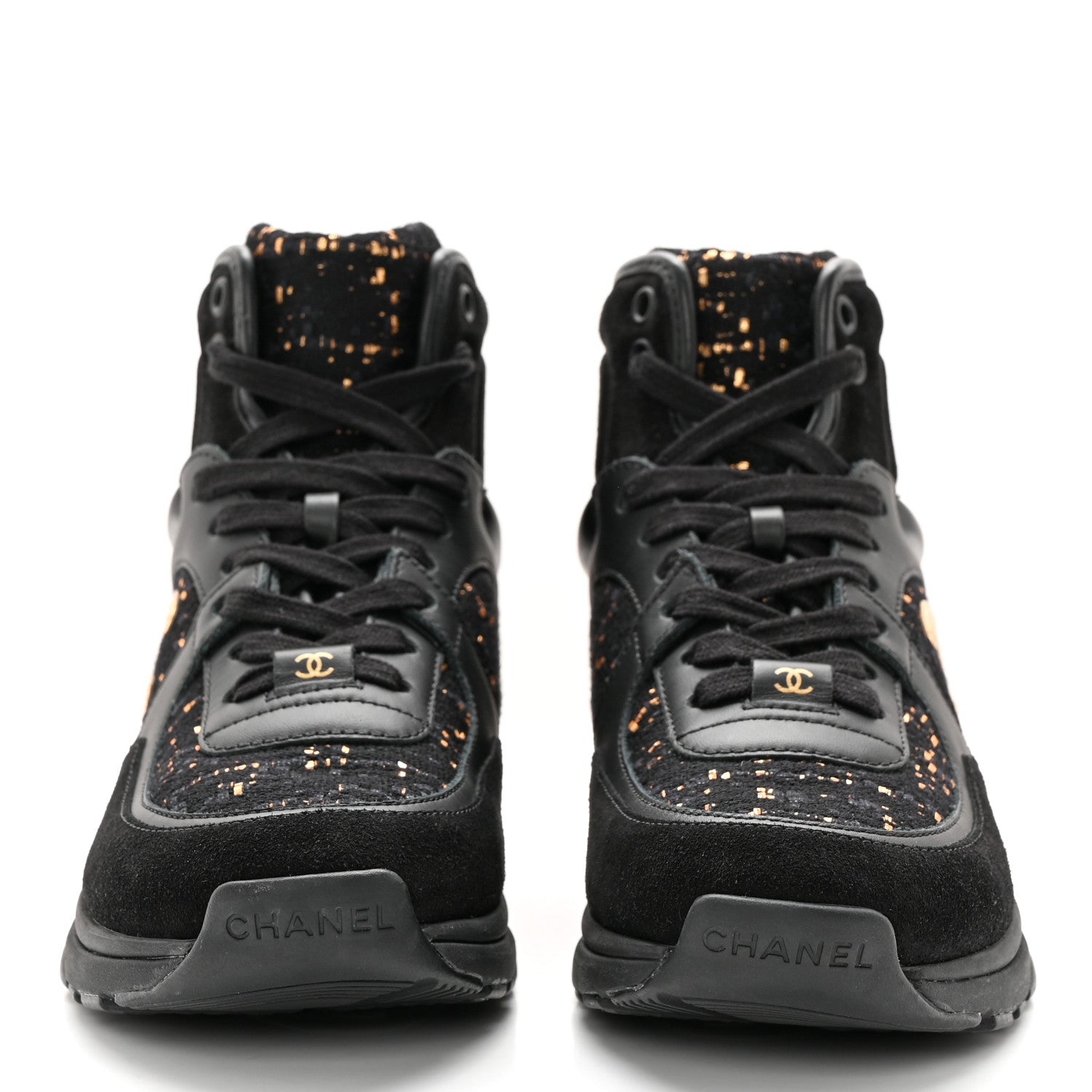 Chanel Velour Tweed CC High Top Sneakers 35 Black Gold 2 of 13