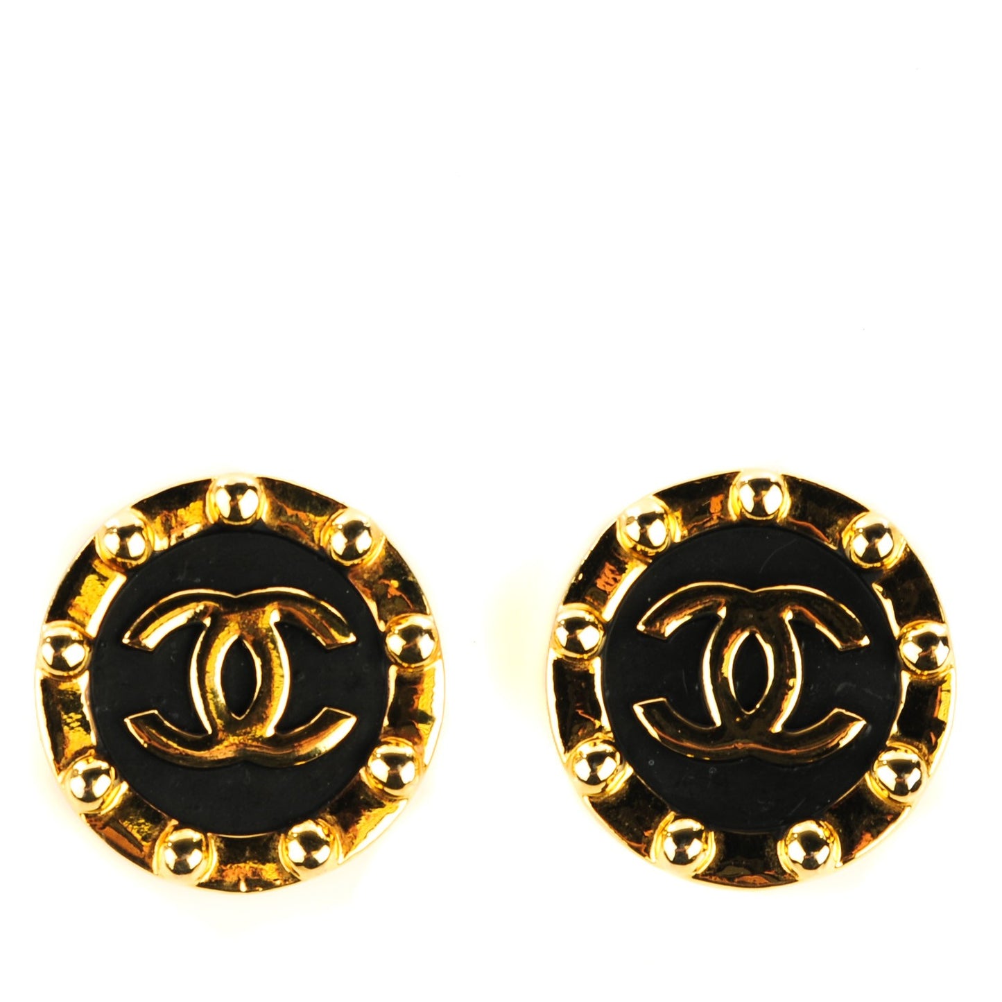 Studded CC Clip On Earrings Black Gold