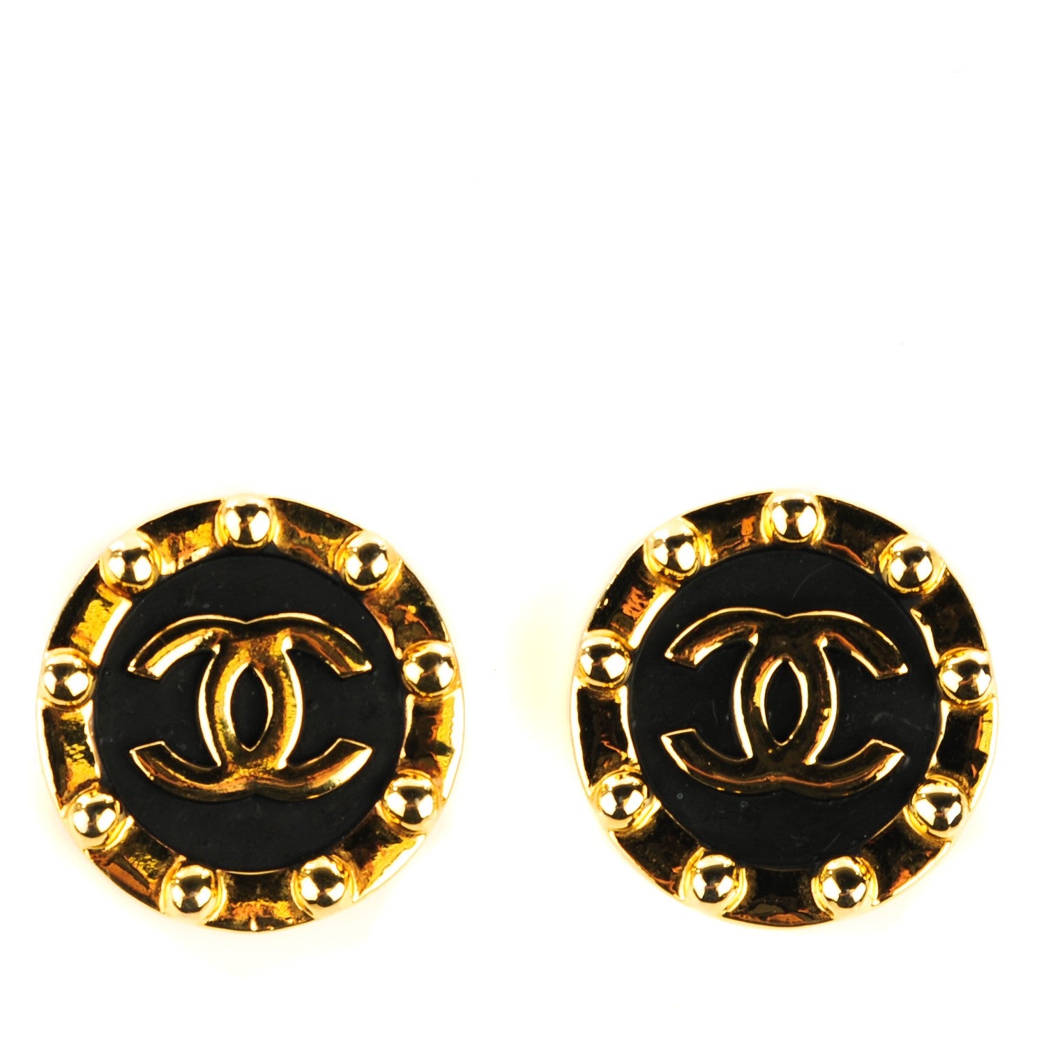 Chanel Studded CC Clip On Earrings Black Gold 1 of 4