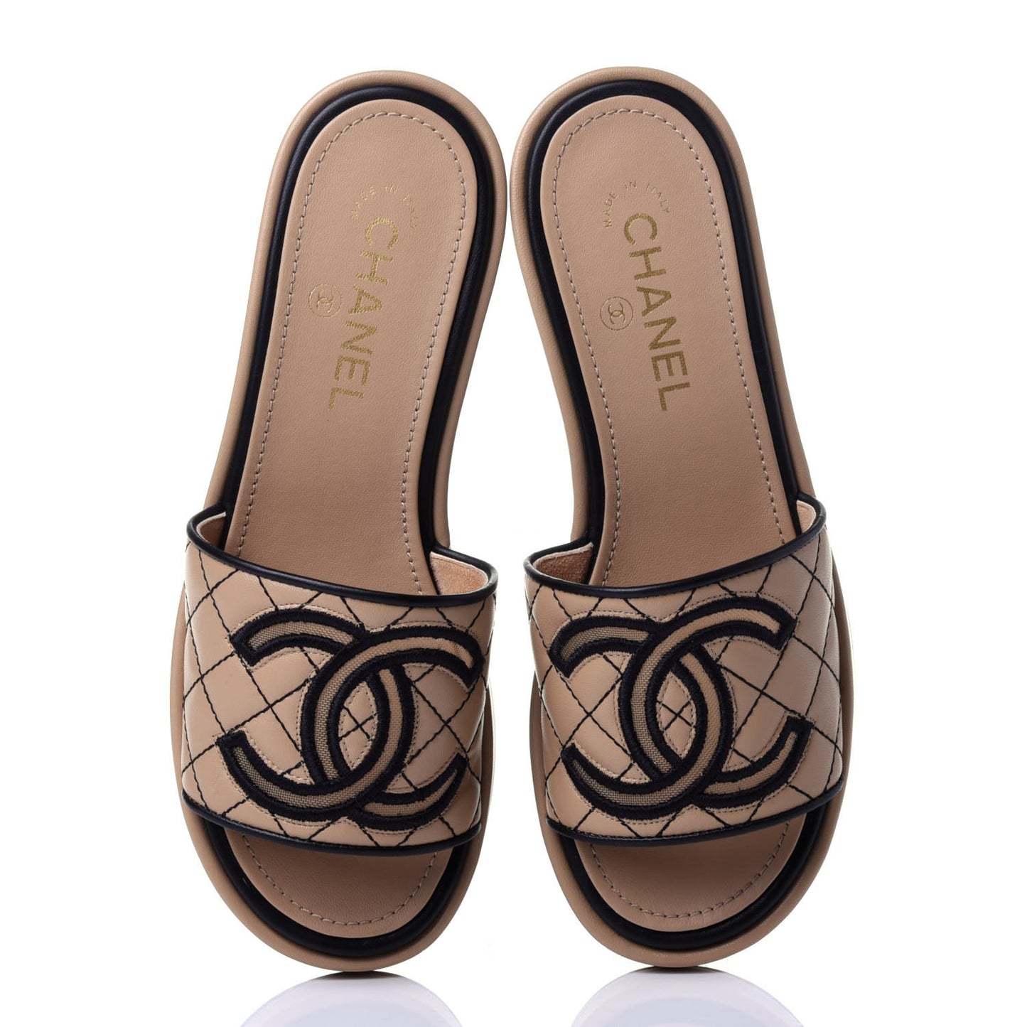 Lambskin Quilted CC Mules 38 Beige Black