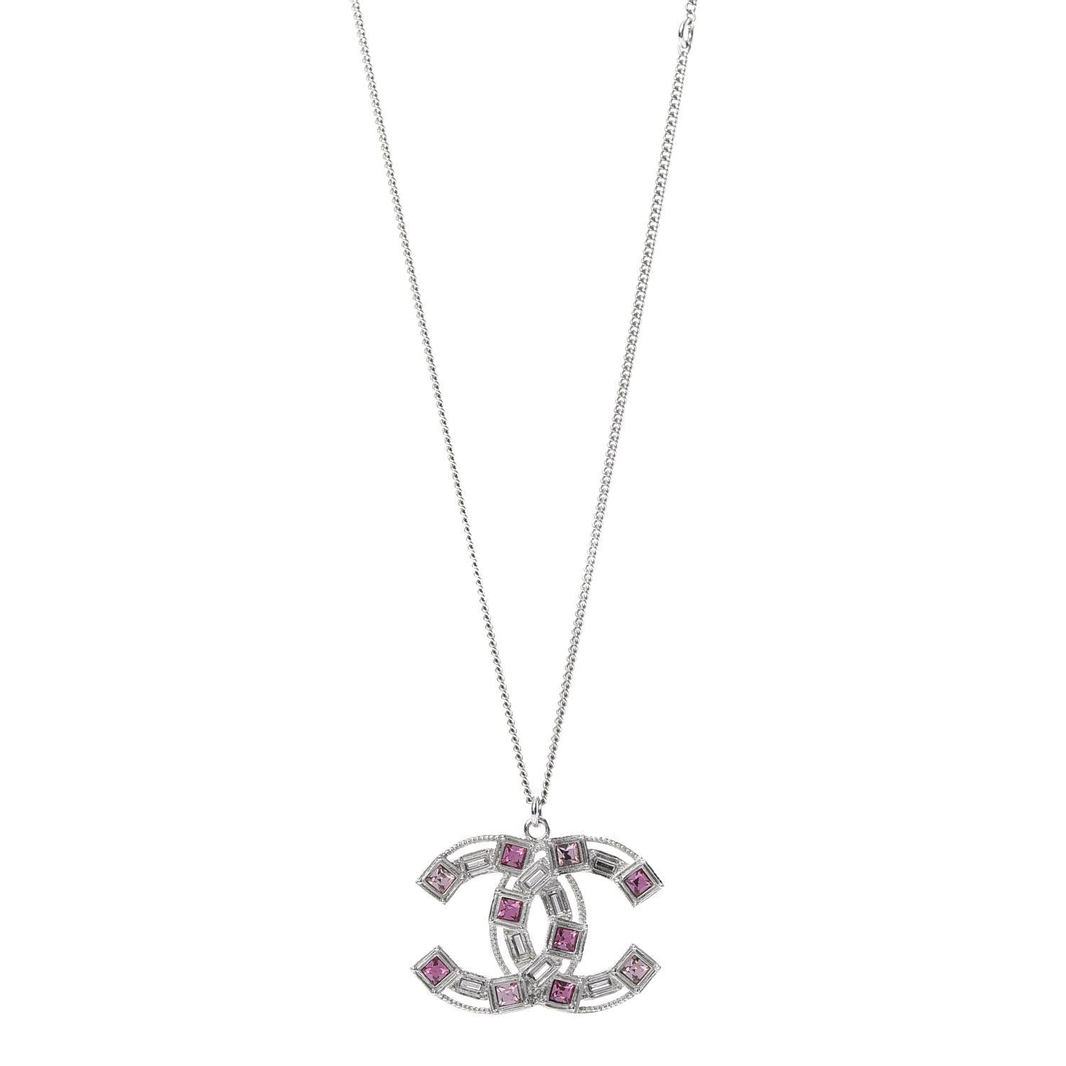 Chanel Crystal Baguette CC Pendant Necklace Pink Silver 1 of 5