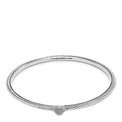 David Yurman Sterling Silver Diamond 3mm Heart Cable Bangle 4 of 5