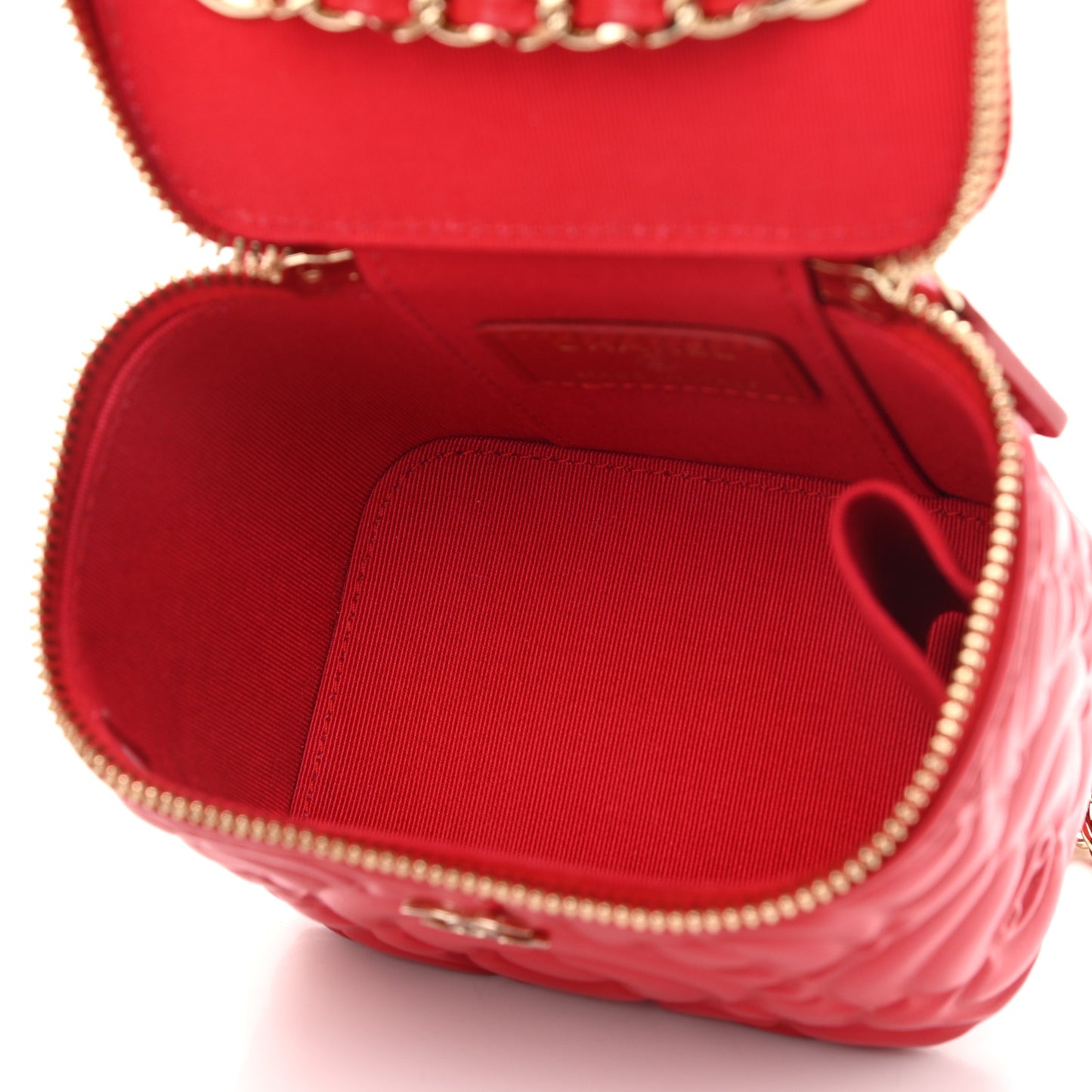 Lambskin Camellia Embossed Mini Vanity Case With Chain Red