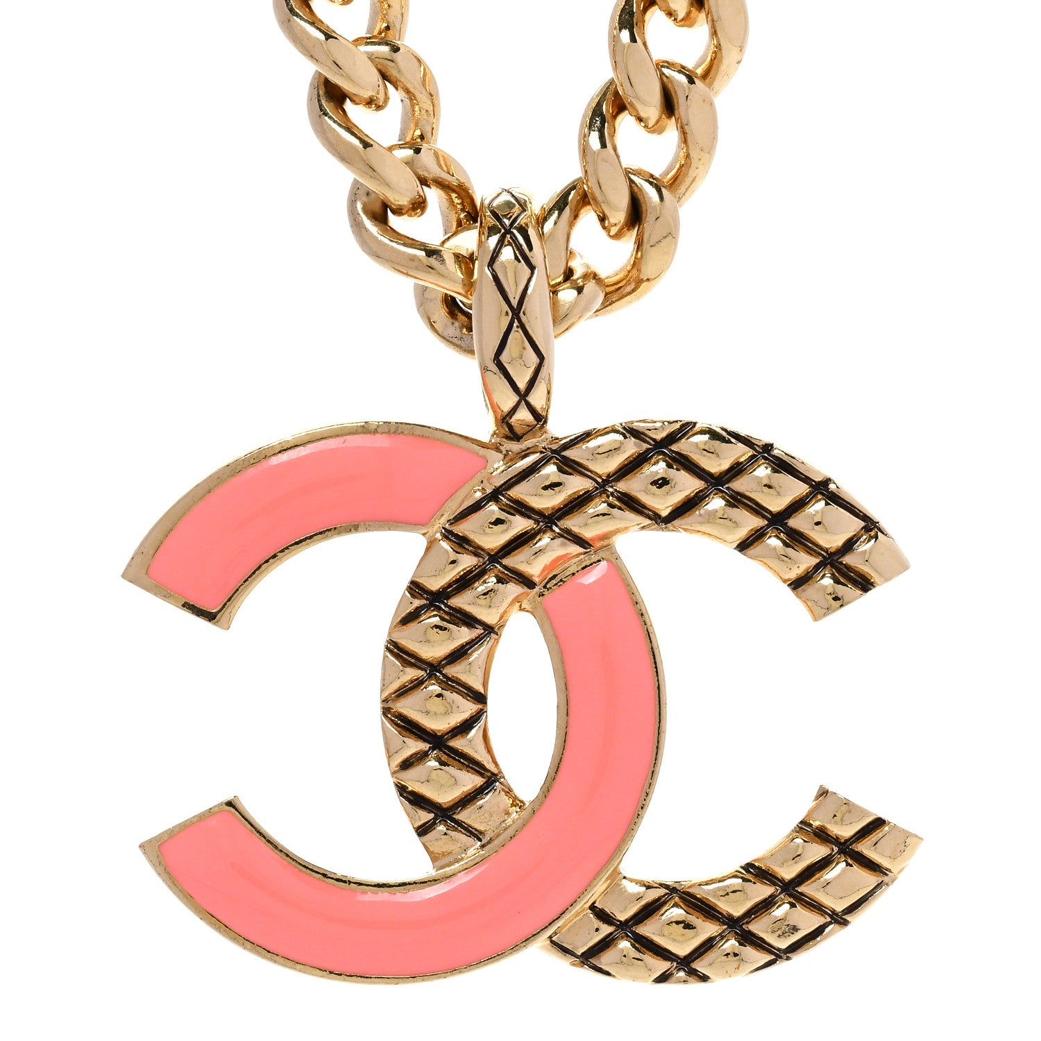 Chanel Metal Enamel Quilted CC Chain Necklace Pendant Gold Pink 4 of 6