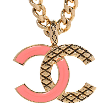 Chanel Metal Enamel Quilted CC Chain Necklace Pendant Gold Pink 4 of 6