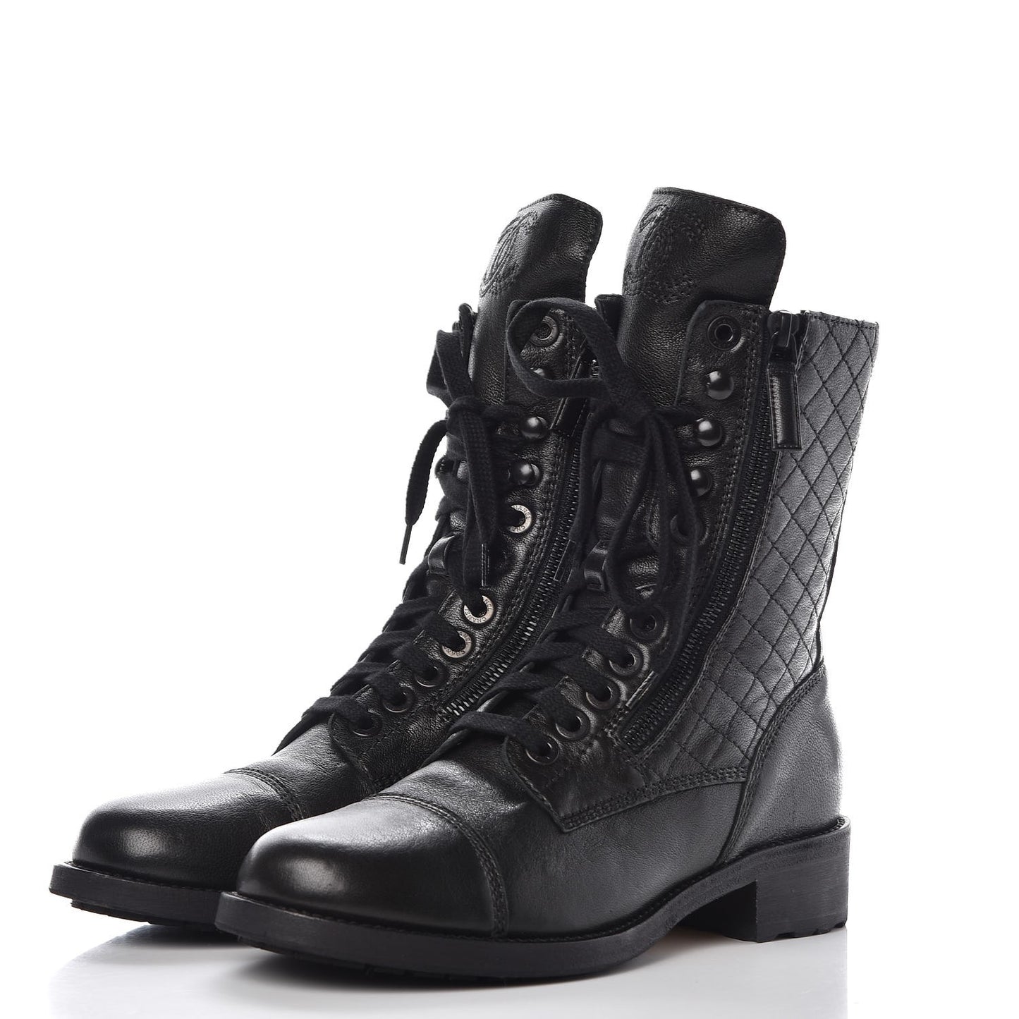 Calfskin Quilted Cap Toe Combat Boots 38.5 Black