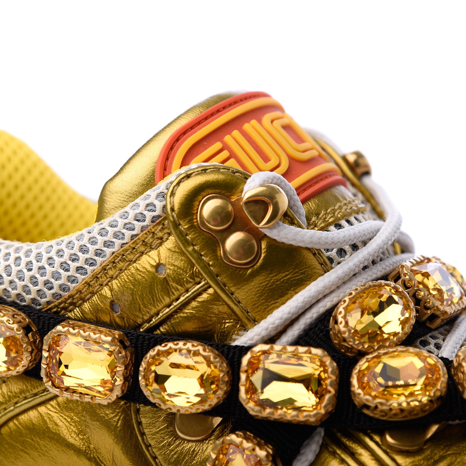 Gucci X SEGA Metallic Calfskin Mesh Removable Crystals Womens Flashtrek Sneakers 39 Oro Vecchio Mystic White Silver 16 of 19
