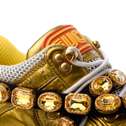 Gucci X SEGA Metallic Calfskin Mesh Removable Crystals Womens Flashtrek Sneakers 39 Oro Vecchio Mystic White Silver 16 of 19