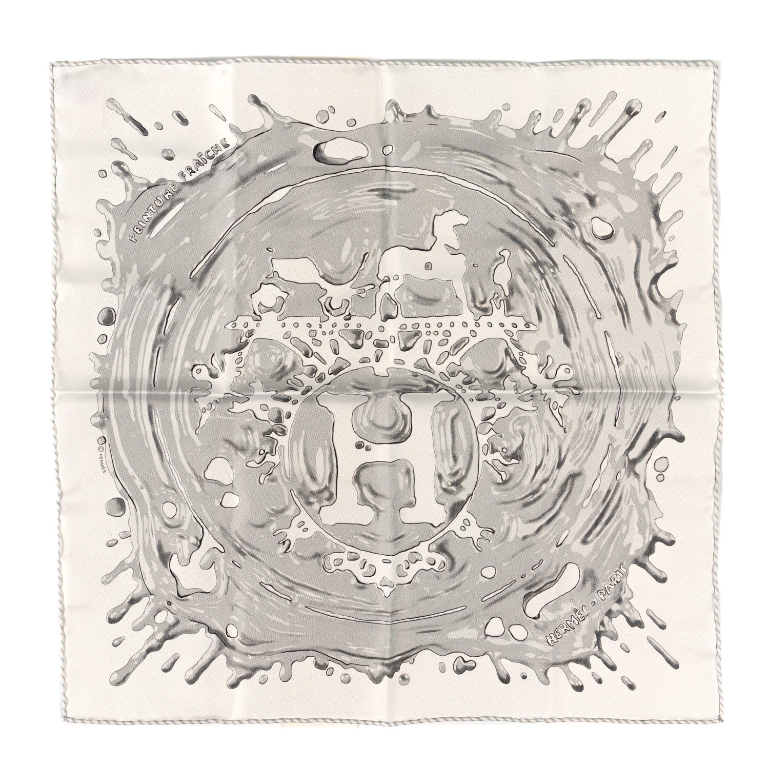Hermes Silk Peinture Fraiche Pocket Square White Gris Perle 1 of 3