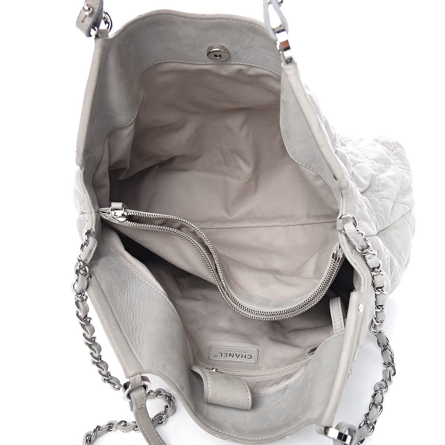 Iridescent Calfskin Diamond Stitched CC Shopping Tote Gris Clair