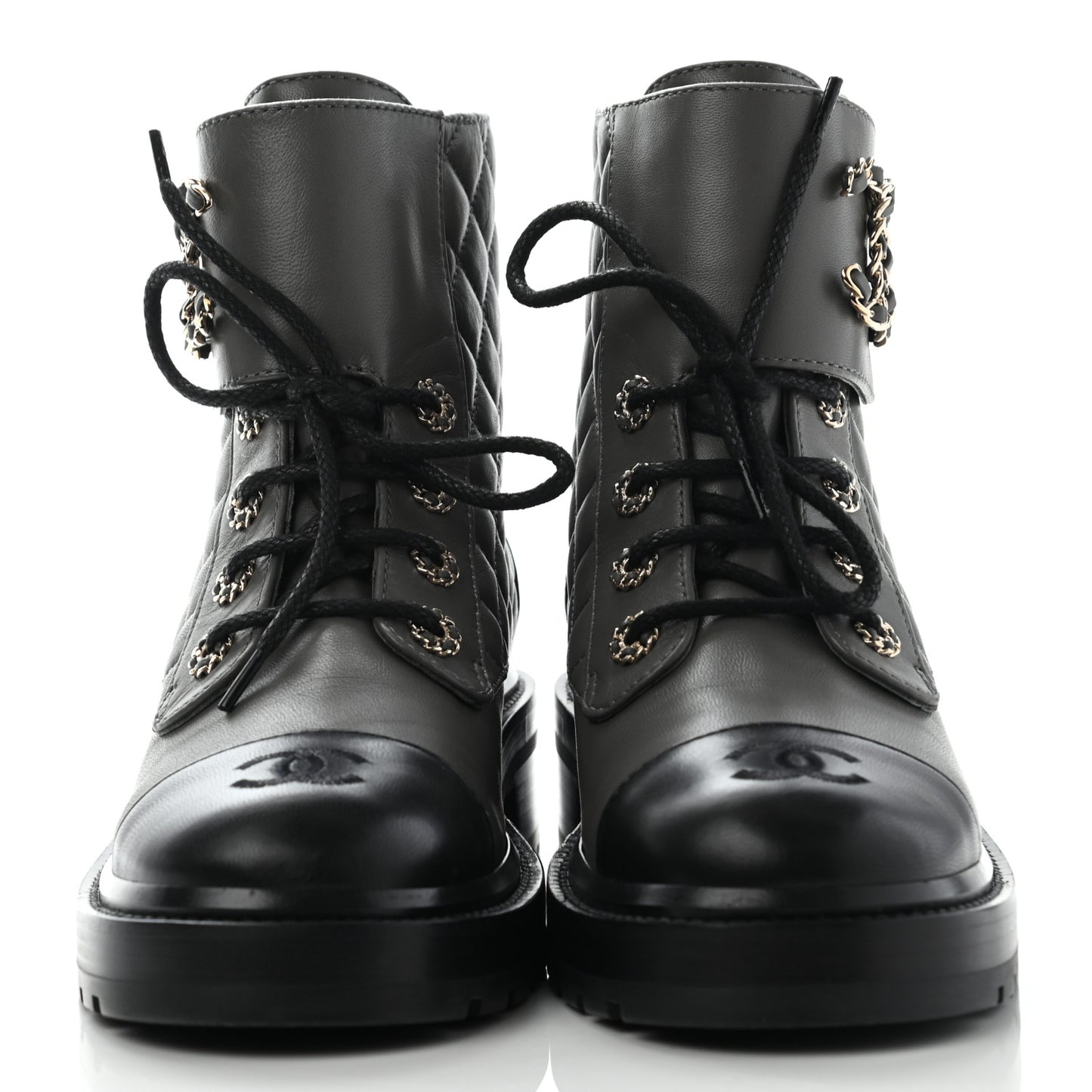 Shiny Lambskin Quilted Lace Up Combat Boots 38 Grey Black