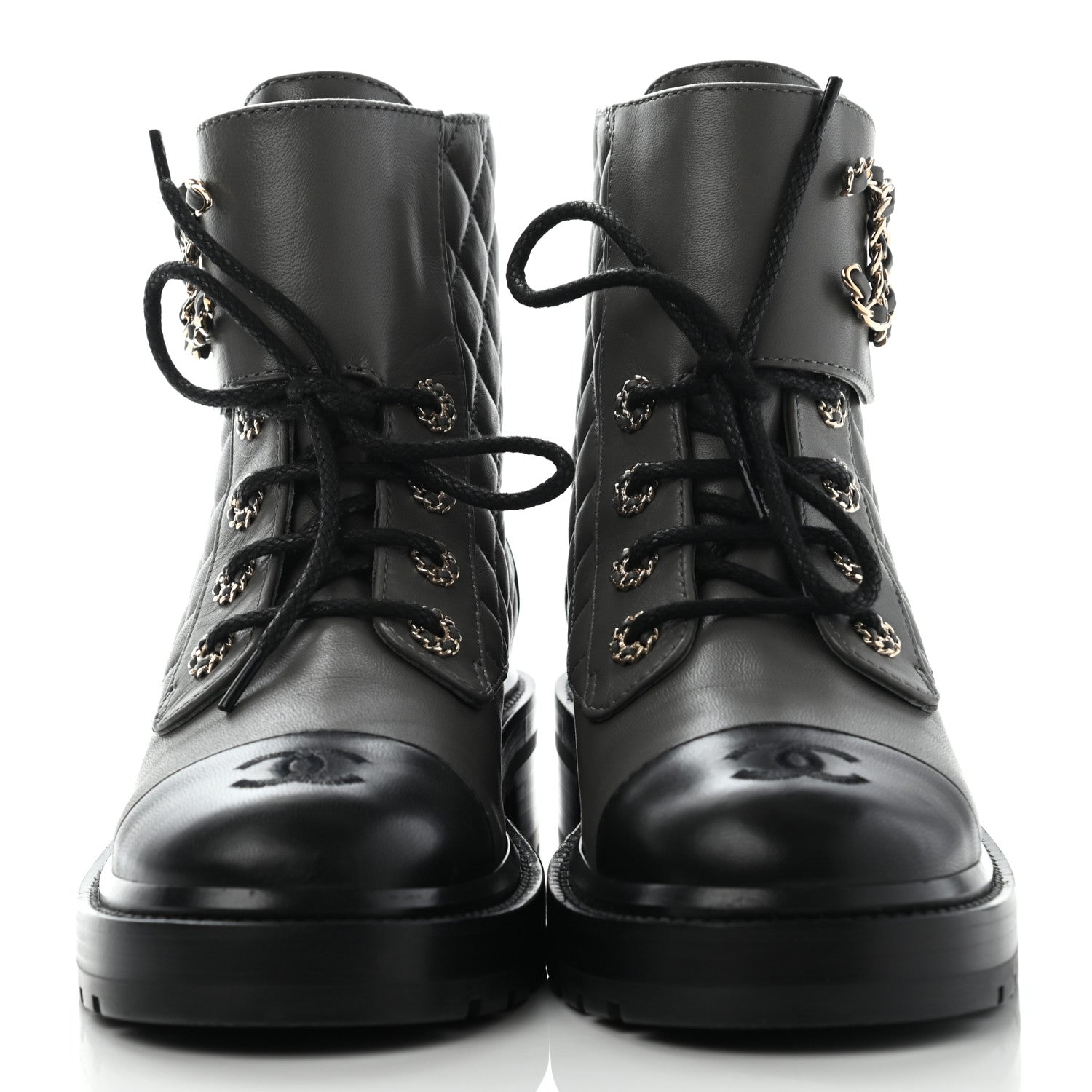 Chanel Shiny Lambskin Quilted Lace Up Combat Boots 38 Grey Black 2 of 11