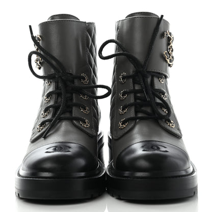 Chanel Shiny Lambskin Quilted Lace Up Combat Boots 38 Grey Black 2 of 11