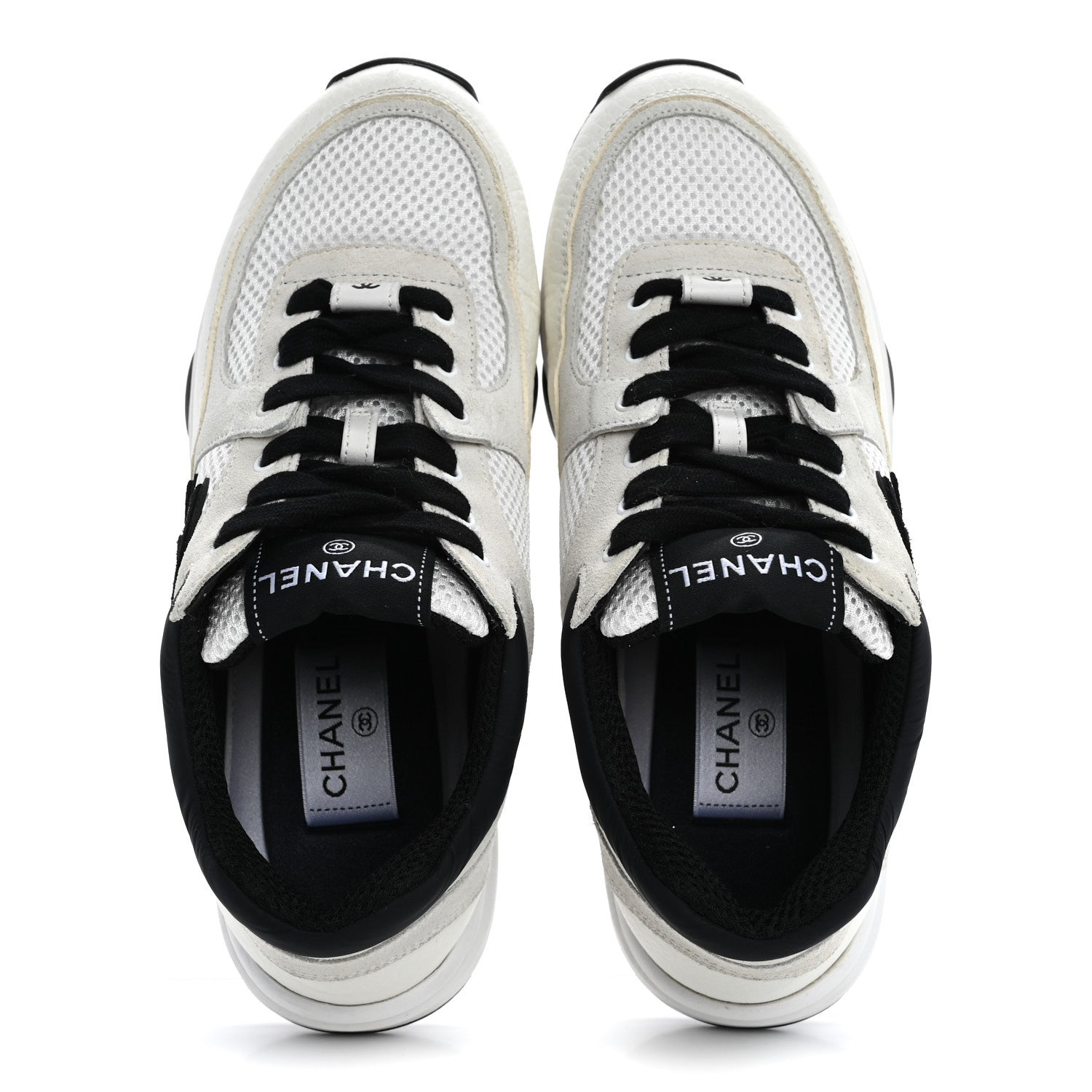 Chanel Mesh Suede Calfskin Grained Calfskin Womens CC Sneakers 37.5 White Black 2 of 12