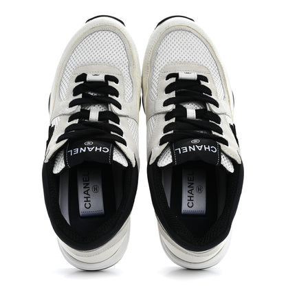 Chanel Mesh Suede Calfskin Grained Calfskin Womens CC Sneakers 37.5 White Black 2 of 12