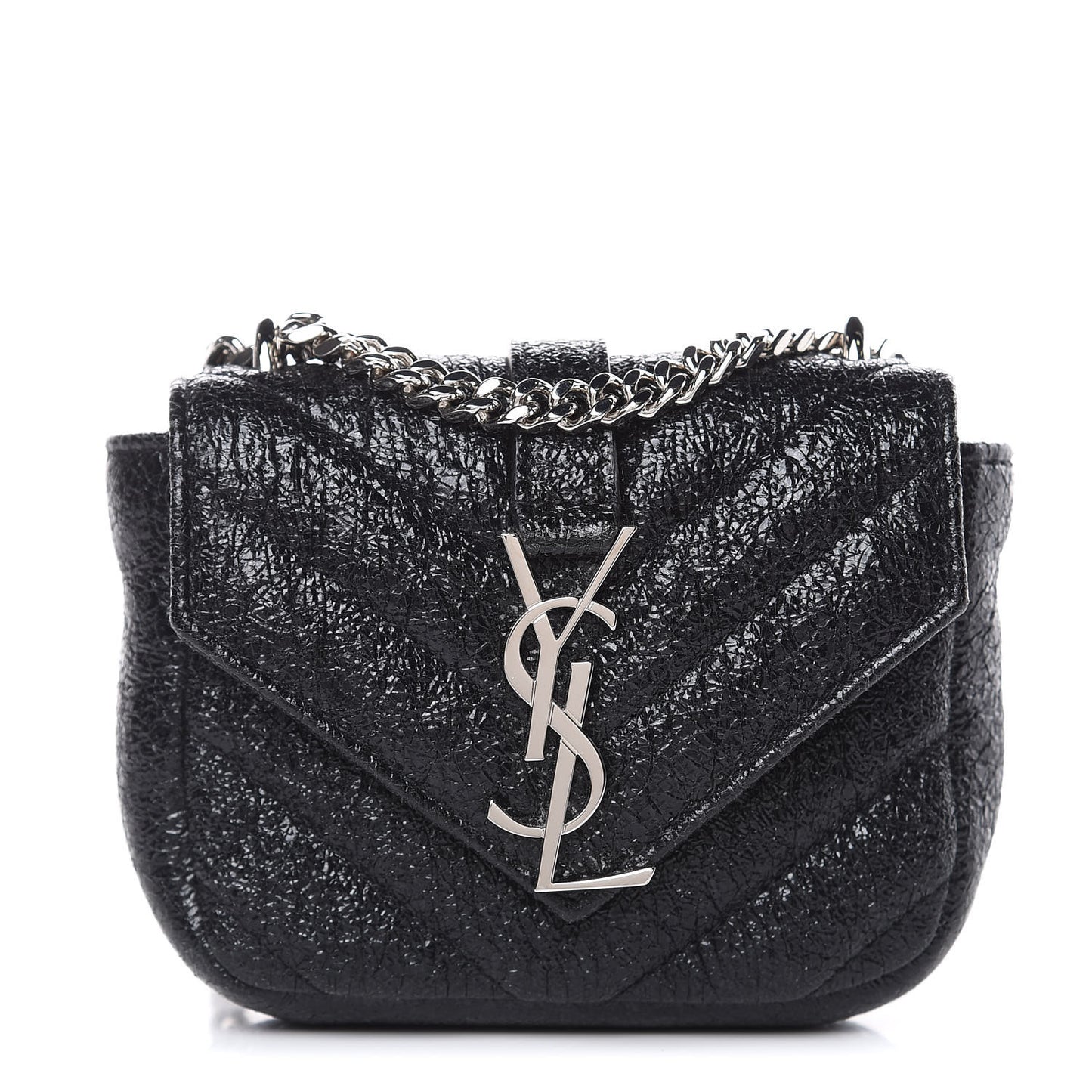 Metallic Crackled Calfskin Chevron Monogram Micro Crossbody Bag Black