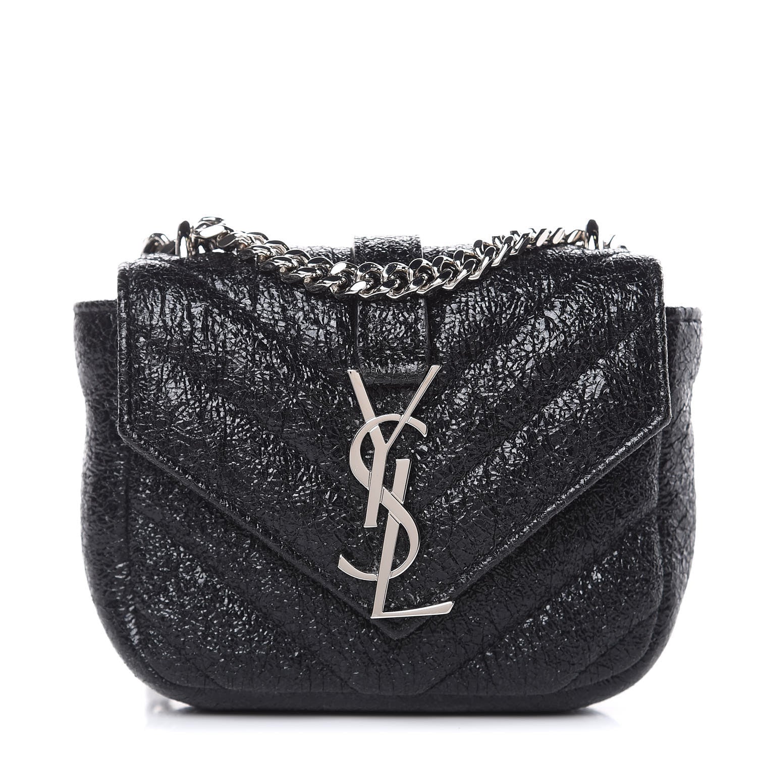 Saint Laurent Metallic Crackled Calfskin Chevron Monogram Micro Crossbody Bag Black 1 of 9