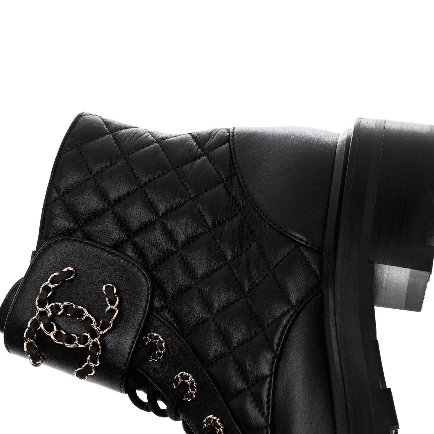 Shiny Lambskin Quilted Lace Up Combat Boots 38.5 Black