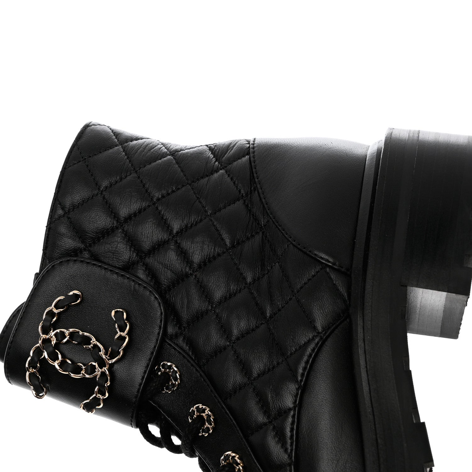 Chanel Shiny Lambskin Quilted Lace Up Combat Boots 38.5 Black 10 of 12