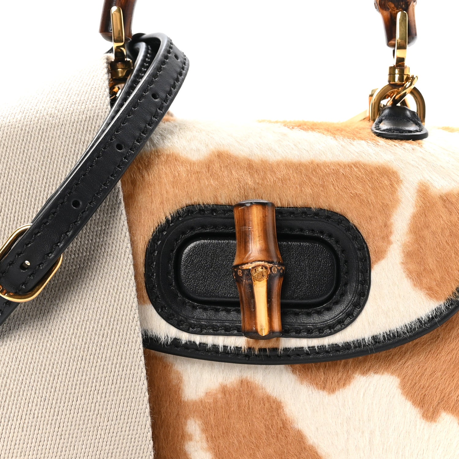 Gucci Calfskin Pony Hair Giraffe Print Mini Bamboo 1947 Top Handle  Bag  Beige Black Multicolor 9 of 12