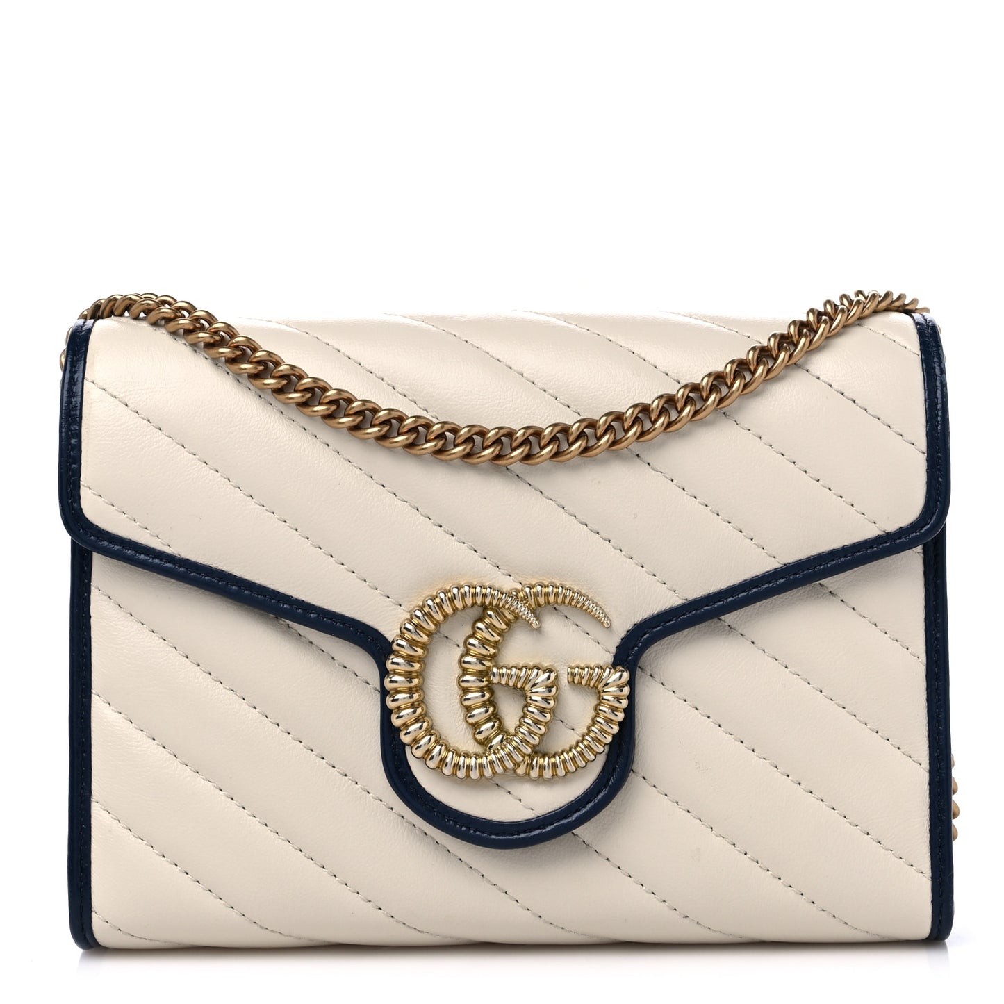 Vintage Effect Calfskin Matelasse Diagonal Torchon GG Marmont Chain Wallet Mystic White Blue Agata